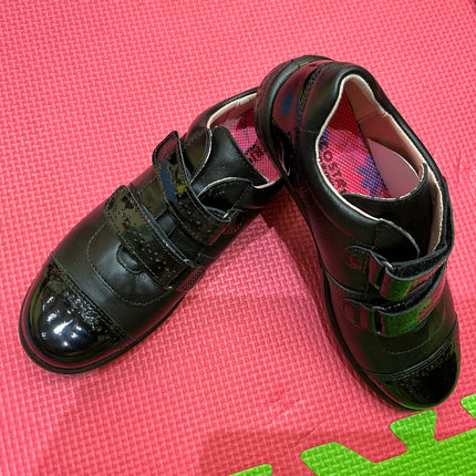 Girls Black Leather School Shoes - Double Hook & Loop Strap Comfort Uniform Shoes