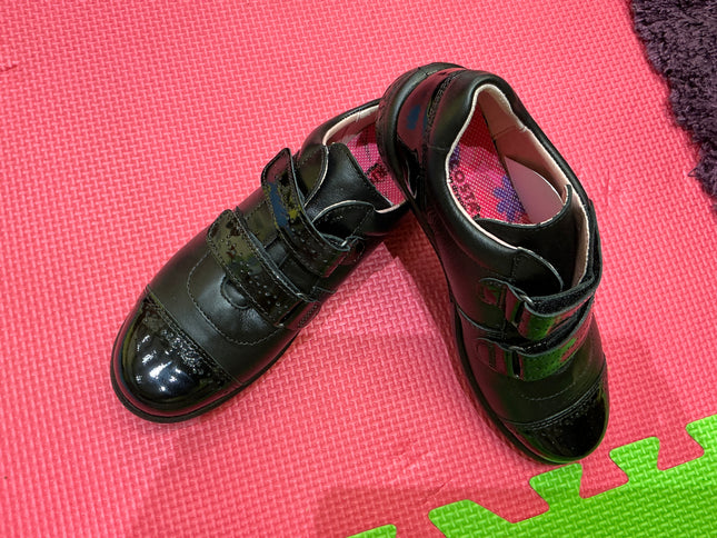 Girls Black Leather School Shoes - Double Hook & Loop Strap Comfort Uniform Shoes