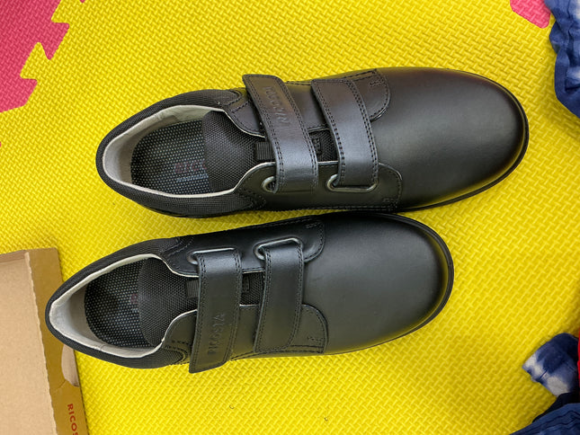 Ricosta Boys Black Leather School Shoes | Double Hook & Loop Velcro Uniform Shoes