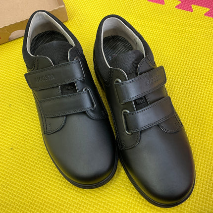 Ricosta Boys Black Leather School Shoes | Double Hook & Loop Velcro Uniform Shoes