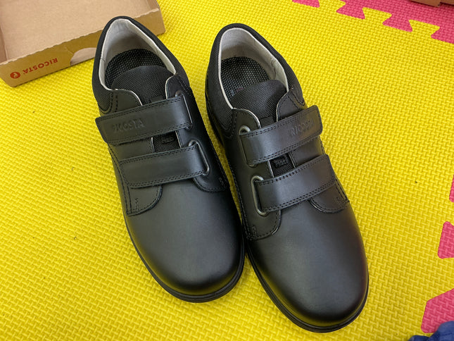 Ricosta Boys Black Leather School Shoes | Double Hook & Loop Velcro Uniform Shoes
