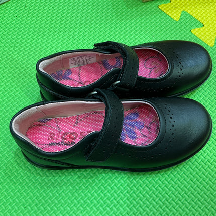 Ricosta Girls Black Patent Leather School Shoes, Double Hook & Loop Smart Uniform Shoes