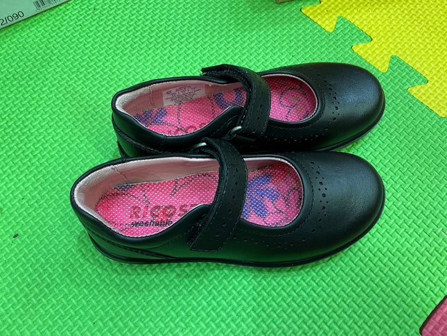 Ricosta Girls Black Patent Leather School Shoes, Double Hook & Loop Smart Uniform Shoes