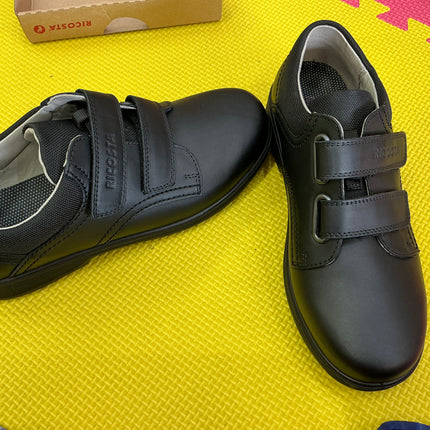 Ricosta Black Leather School Shoes for Kids, Double Hook & Loop Velcro Uniform Shoes