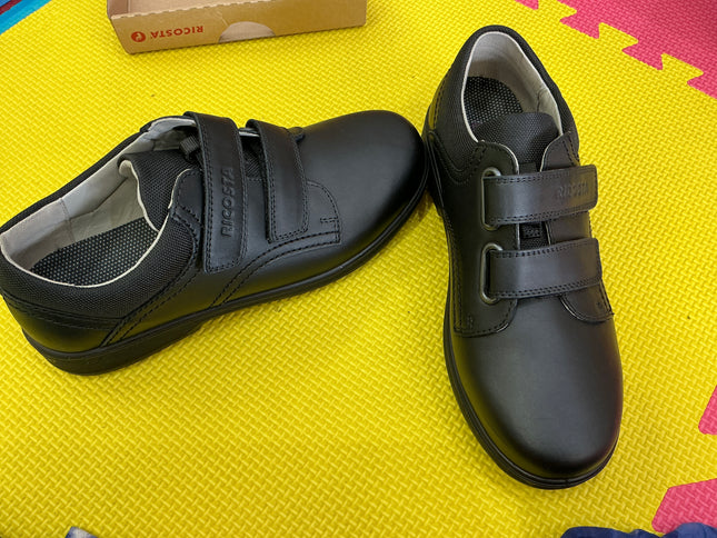 Ricosta Black Leather School Shoes for Kids, Double Hook & Loop Velcro Uniform Shoes