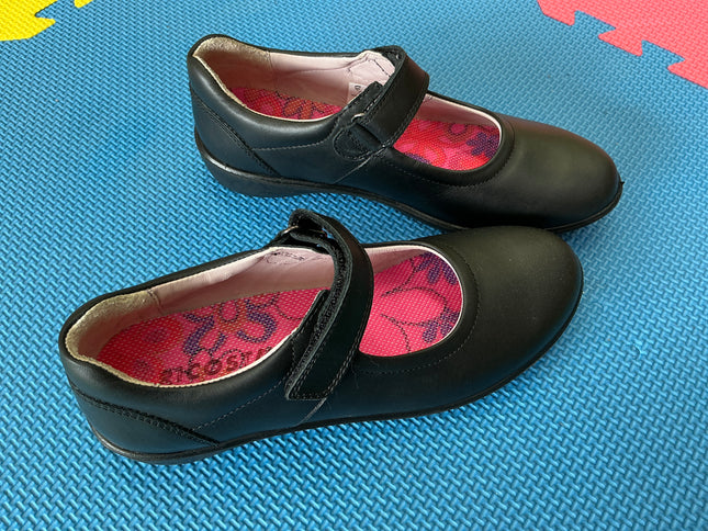 Ricosta Girls Black Leather Mary Jane School Shoes | Hook & Loop Strap | Comfortable Kids Dress Shoes