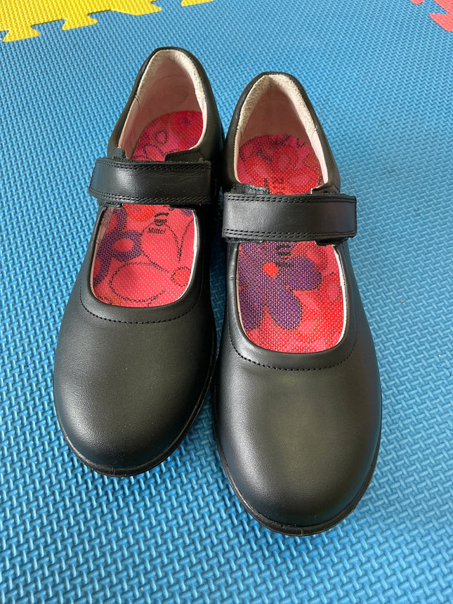 Ricosta Girls Black Leather Mary Jane School Shoes | Hook & Loop Strap | Comfortable Kids Dress Shoes