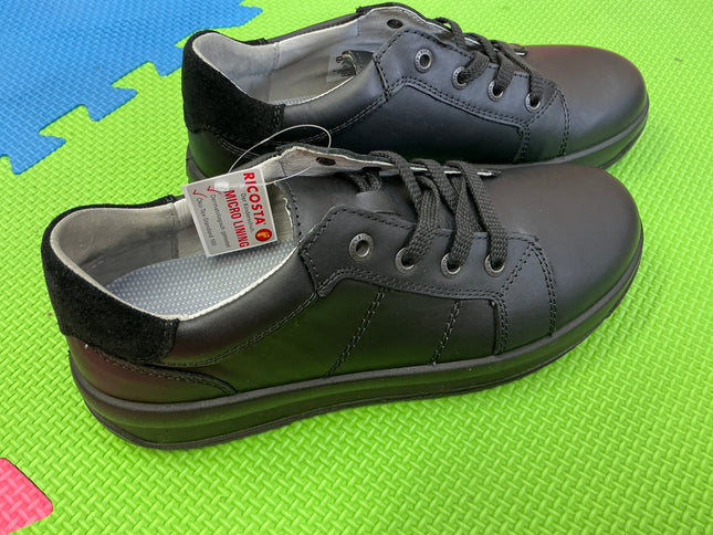 Ricosta Girls Black Patent Leather School Shoes, Double Hook & Loop Smart Uniform Shoes