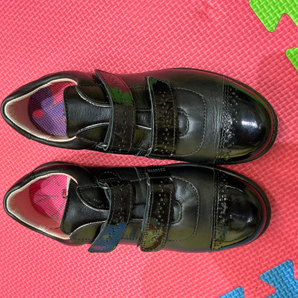 Girls Black Leather School Shoes - Double Hook & Loop Strap Comfort Uniform Shoes