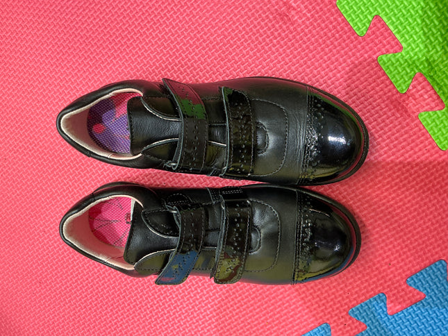 Girls Black Leather School Shoes - Double Hook & Loop Strap Comfort Uniform Shoes
