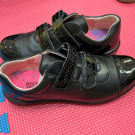 Girls Black Leather School Shoes - Double Hook & Loop Strap Comfort Uniform Shoes