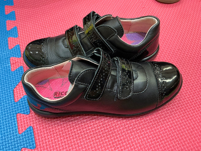 Girls Black Leather School Shoes - Double Hook & Loop Strap Comfort Uniform Shoes