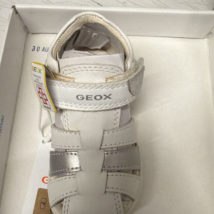 Geox Macchia Girl B Leather and Pearlised Synthetic Trainers – White/Silver